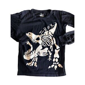 Black Glow In Dark T Rex Dinosaur Skeleton Long Sleeve Kids Pajama Shirt SZ 10